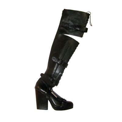 Black Leather & Python Thigh High Boots