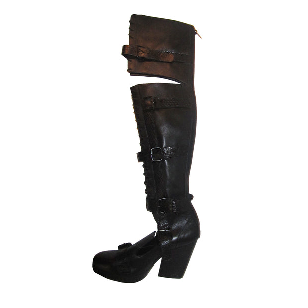 Black Leather & Python Thigh High Boots
